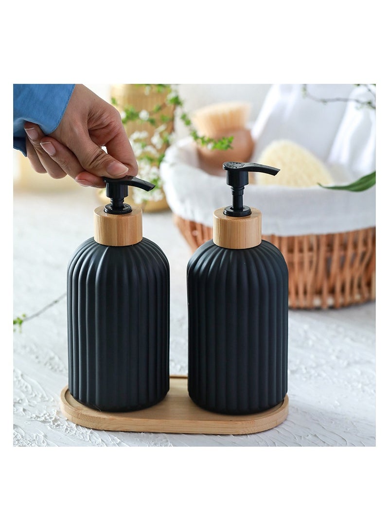 مجموعة أدوات المائدة موزع الصابون السائل ، 400ml الزجاج موزع الصابون السائل ، مع علبة الخيزران مضخة ، موزع زجاجة الصابون السائل القابلة لإعادة الاستخدام ، ومناسبة للحمام والمطبخ - Image 1