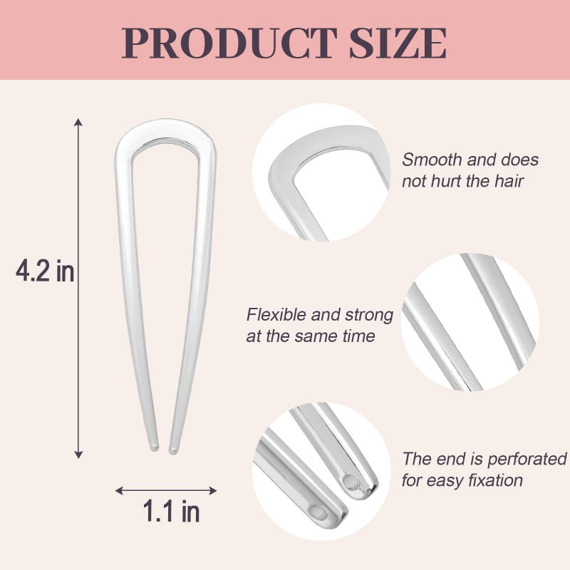 JIRIS 2PCS 4.2Inch French Hair Pins U-Shaped Pins for Women and Girls Fashion Metal Hair Pin French Twist Hair Pins for Buns, Updos,Stylish and Functional(set1-silver) - Image 2