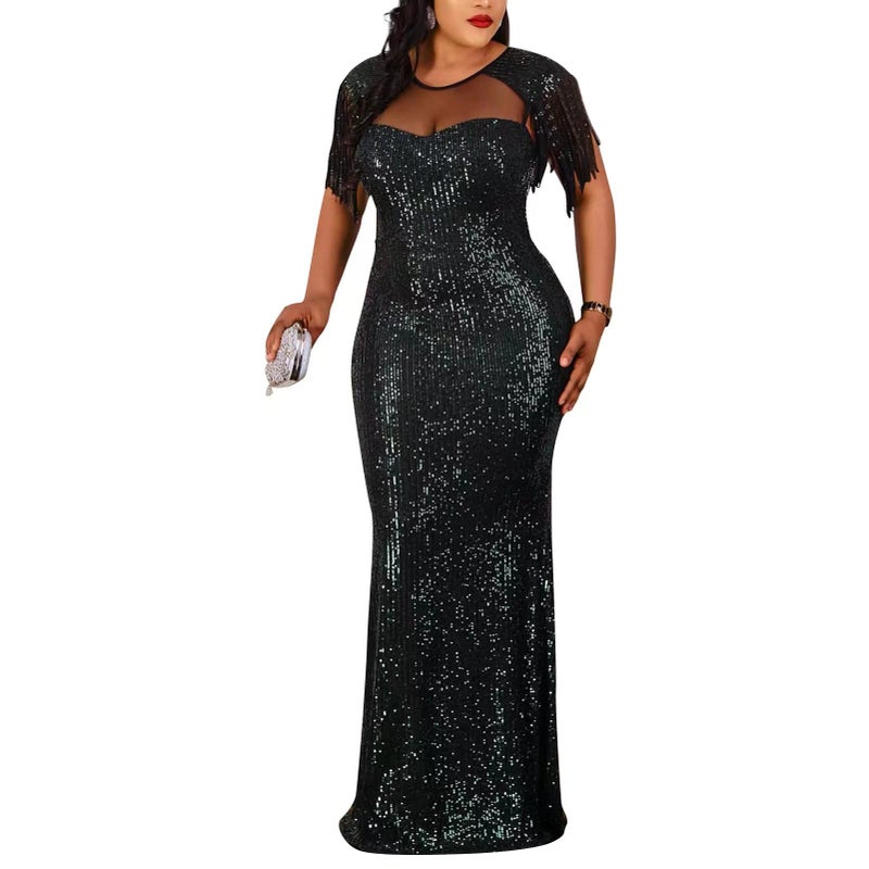 Cololura Sexy Sequin Tassel Mesh Perspective Party Cocktail Bodycon Evening Club Maxi Dress Black - Image 1