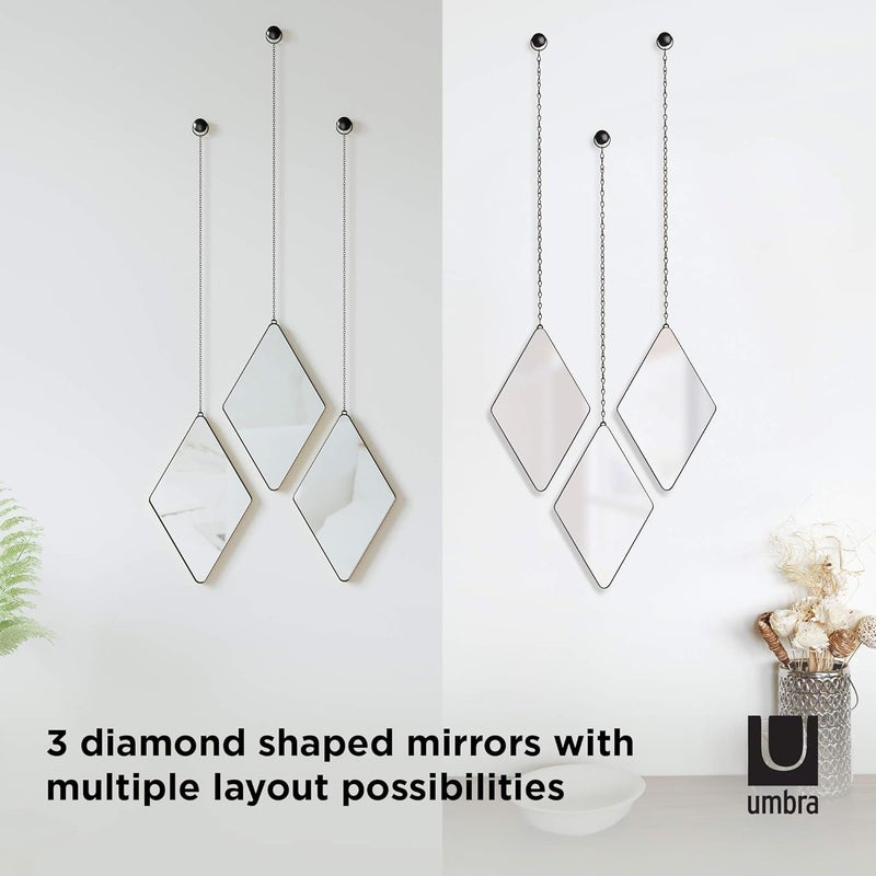 UMBRA Dima Mirrors, Trio of Decorative Diamond Shaped Mirrors for Wall — Apartment Décor/Wall Art, Black, Set of 3 - Image 3