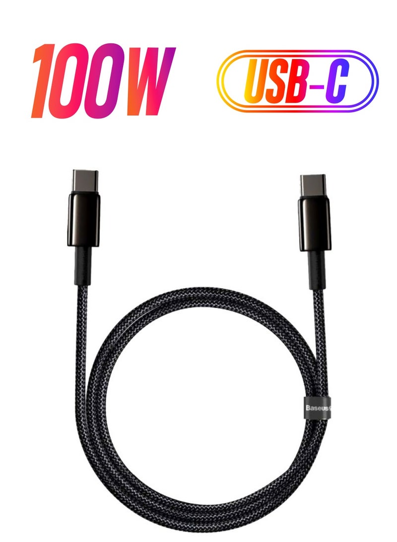 بيسوس كابل بمنفذ Type C للشحن السريع ونقل البيانات من USB C إلى USB C بقدرة 100 وات وبتقنية PD وبشدة 5 أمبير وبتقنية الشحن السريع إصدار 4.0، من سبيكة زنك ومضفر من النايلون لأجهزة سامسونج S21 و+S20 وS10 ونوت 10 وآي باد برو وماك بوك برو وجوجل بكسل وغير ذلك المزيد، بطول 1 م. أسود - Image 1