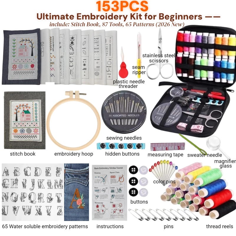 Spazoro 2026 Upgraded Embroidery Stitch Book & Complete Kit for Beginners | Includes Embroidery Hoop,86 Tools,65 Water-Soluble Patterns & 106 Stitches With Guides,Portable Craft Set for Adults & DIY Lovers - Image 2