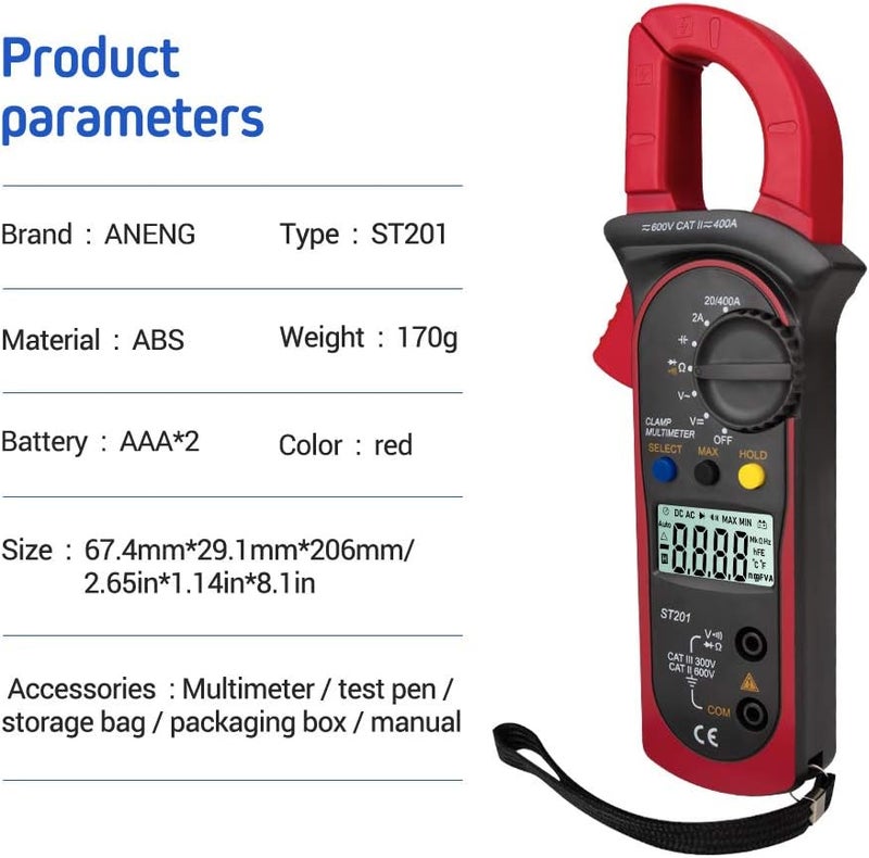 ST201 Digital Clamp Multimeter 4000 Count Clamp Ammeter Transistor Capacitor Tester Power Supply Test Car AC/DC Voltage Current Tester - Image 2