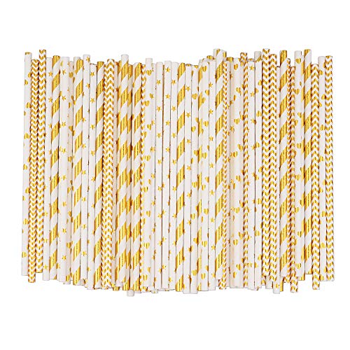 ALINK Biodegradable Gold Paper Straws Bulk Pack of 100 Metallic Foil StripedWaveHeartStar Straws for Birthday Wedding BridalBaby Shower Celebrations and Party Supplies - Image 5