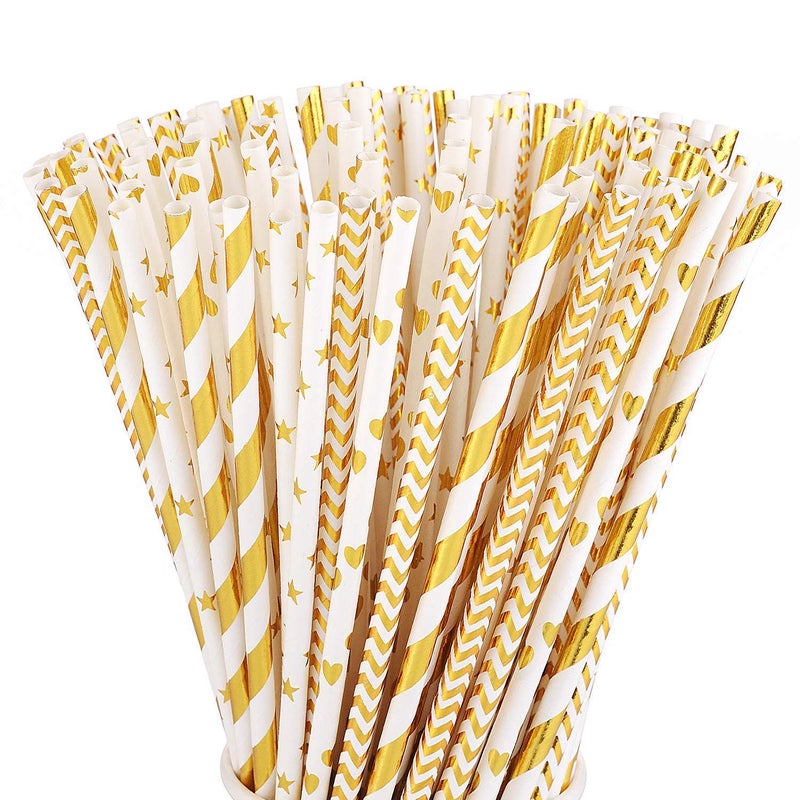 ALINK Biodegradable Gold Paper Straws Bulk Pack of 100 Metallic Foil StripedWaveHeartStar Straws for Birthday Wedding BridalBaby Shower Celebrations and Party Supplies - Image 3
