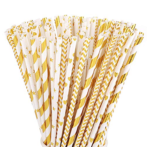 ALINK Biodegradable Gold Paper Straws Bulk Pack of 100 Metallic Foil StripedWaveHeartStar Straws for Birthday Wedding BridalBaby Shower Celebrations and Party Supplies - Image 2
