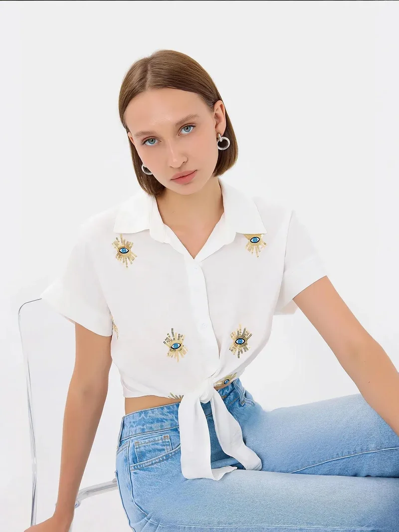 زوبعة قميص بأكمام قصيرة مطرز بياقة ربطة