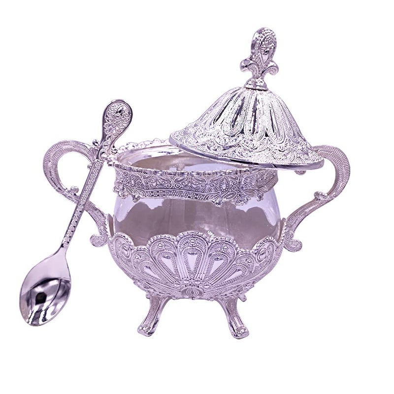Hourwof Sugar Bowl with Lid and Spoon for Kitchen Coffee Bar and Wedding PartyMetal and Glass Sugar Container for Sugar Cube and Powder SugarSpice Condiment ContainerSalt ServerSilver