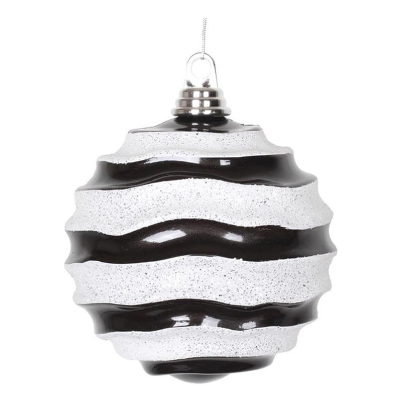 Vickerman 6 Christmas Ornament Wave Ball Black and White Stripe Candy Finish with Glitter Accents Shatterproof Plastic Holiday Christmas Tree Decoration