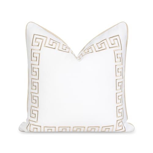 Hofdeco Premium Coastal Patio Indoor Outdoor Throw Pillow Cover Only 20x20 Water Repellent for Backyard Couch Neutral Tan Embroidered Greek Key with Piping - Image 1