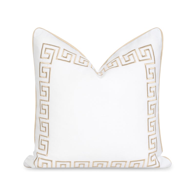 Hofdeco Premium Coastal Patio Indoor Outdoor Throw Pillow Cover Only 20x20 Water Repellent for Backyard Couch Neutral Tan Embroidered Greek Key with Piping - Image 2