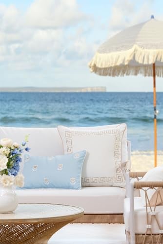 Hofdeco Premium Coastal Patio Indoor Outdoor Throw Pillow Cover Only 20x20 Water Repellent for Backyard Couch Neutral Tan Embroidered Greek Key with Piping - Image 3