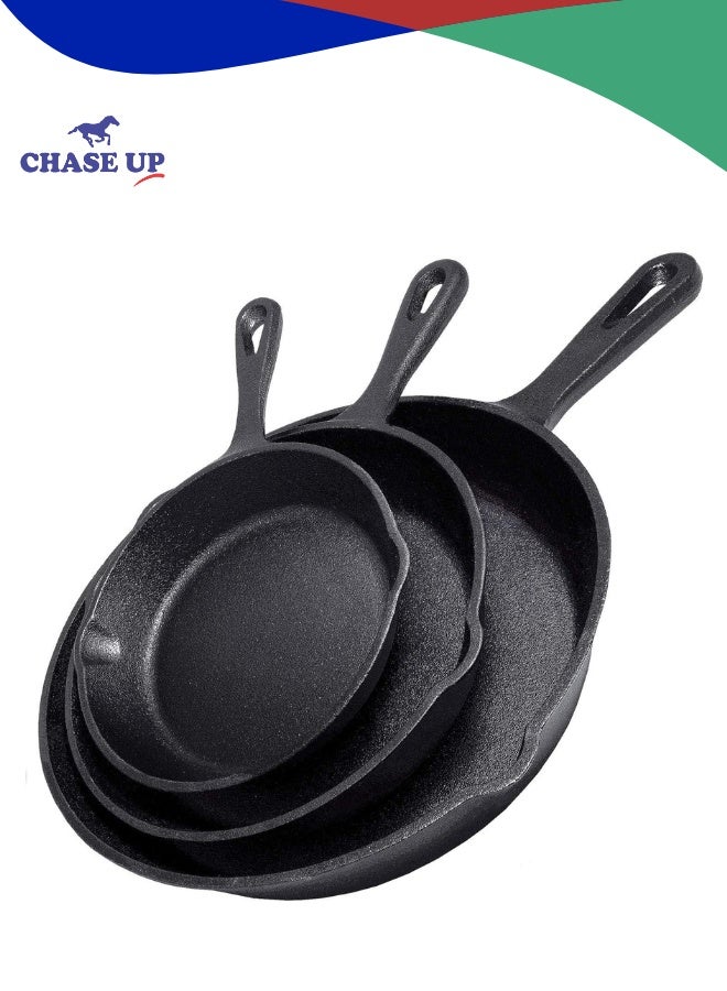 Chase Up Cast Iron Skillet 3-Piece Set - Best Heavy-Duty Professional Restaurant Chef Quality Pre-Seasoned Pan Cookware Set - 10", 8", 6" Pans - Great For Frying, Saute, Cooking, Pizza & More,Black - Image 1