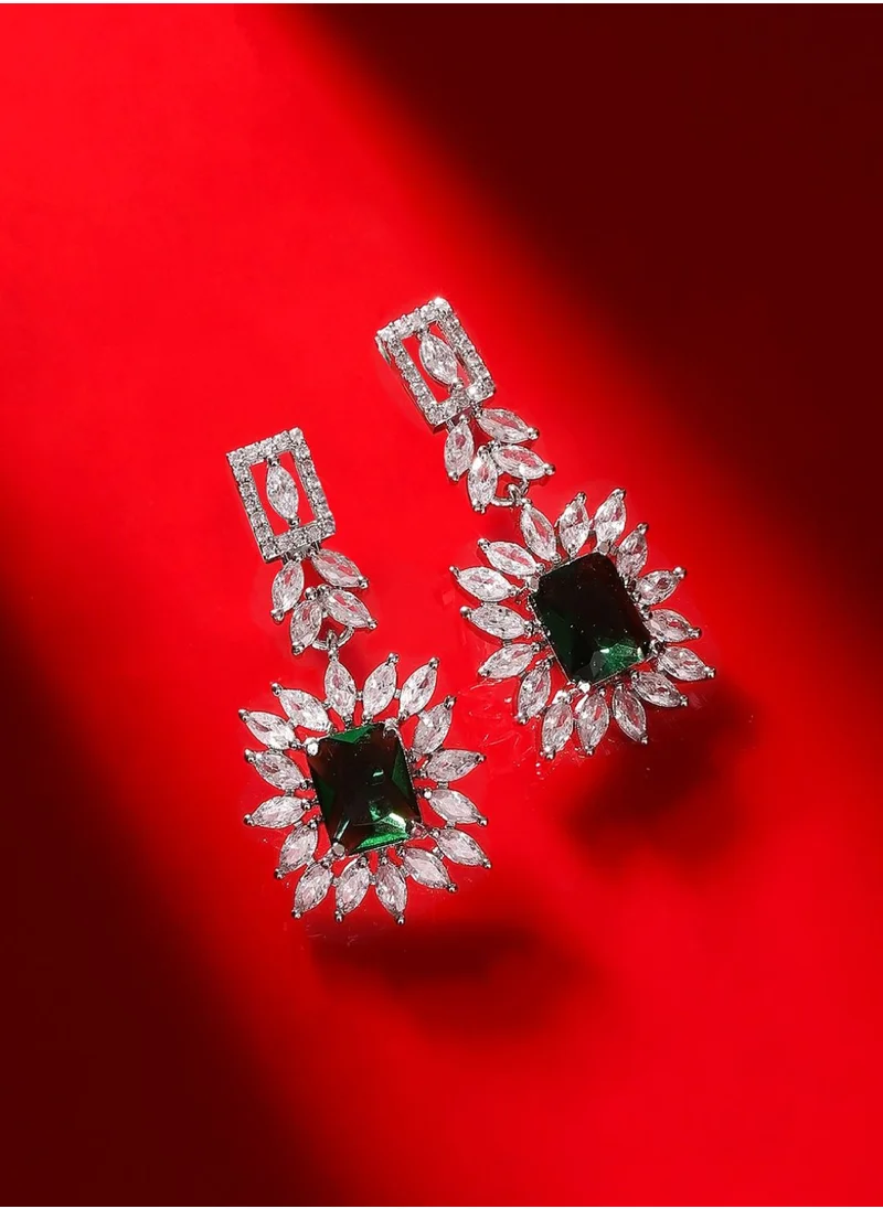 Priyaasi American Diamond Studded Floral Brass Drop Earrings