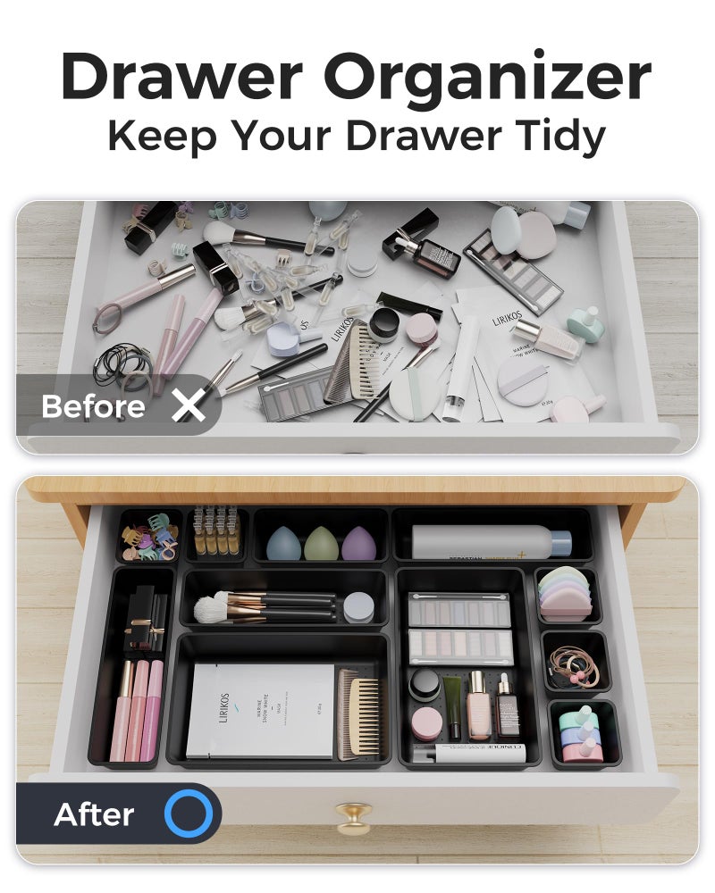 BiuLeon 25 PCS Plastic Drawer Organizers Set, 4-Sizes Vanity and Makeup Organizer, Desk and bathroom Drawer Organizer Trays, Organizers and Storage for Makeup, Jewelry, Gadgets, Utensils (Black) - Image 4