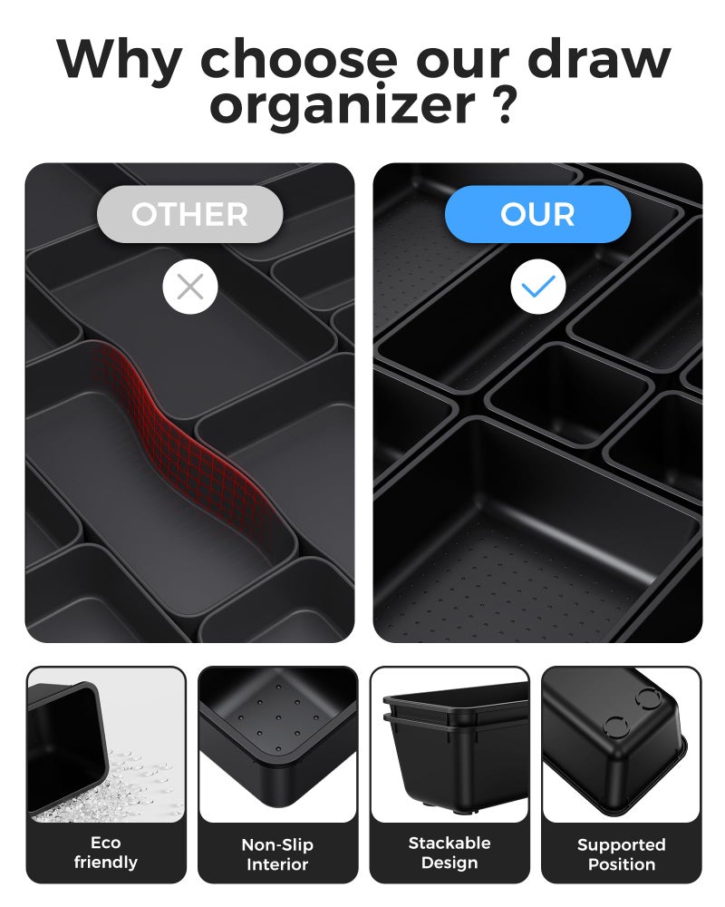 BiuLeon 25 PCS Plastic Drawer Organizers Set, 4-Sizes Vanity and Makeup Organizer, Desk and bathroom Drawer Organizer Trays, Organizers and Storage for Makeup, Jewelry, Gadgets, Utensils (Black) - Image 5