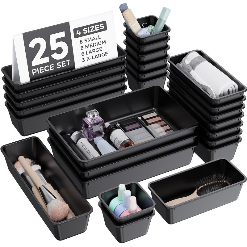 BiuLeon 25 PCS Plastic Drawer Organizers Set, 4-Sizes Vanity and Makeup Organizer, Desk and bathroom Drawer Organizer Trays, Organizers and Storage for Makeup, Jewelry, Gadgets, Utensils (Black) - Image 1