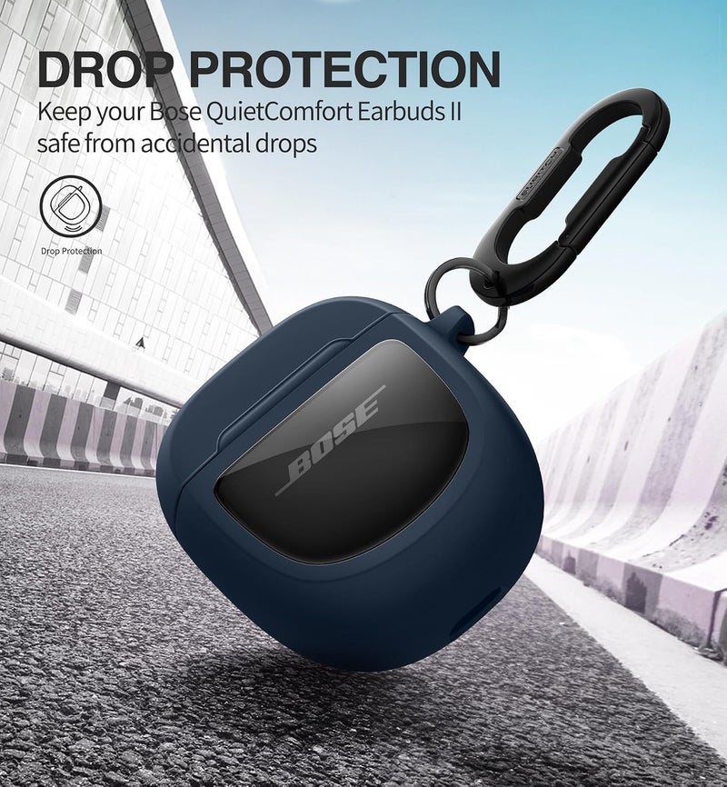 جيكريا أغطية واقية من SURITCH لسماعات الأذن Bose QuietComfort Earbuds II 2022 / QuietComfort Ultra/Ultra سماعات الجيل الثاني، غطاء حماية مقاوم للصدمات لسماعات Bose QC ii 2 وUltra، مع ملحقات الغطاء وحلقة تثبيت على المفاتيح، باللون الكحلي - Image 4