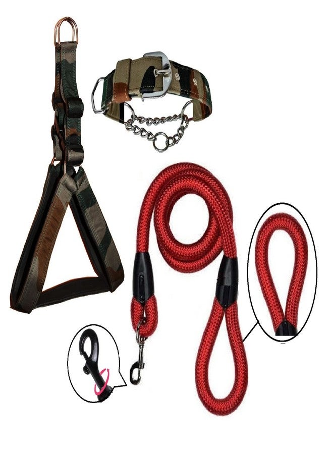 Hachiko:-(Combo of 3) Amazing Quality Nylon Padded Adjustable Dog Harness+Choke Collar+Rope(Medium,Army-Red) - Image 1