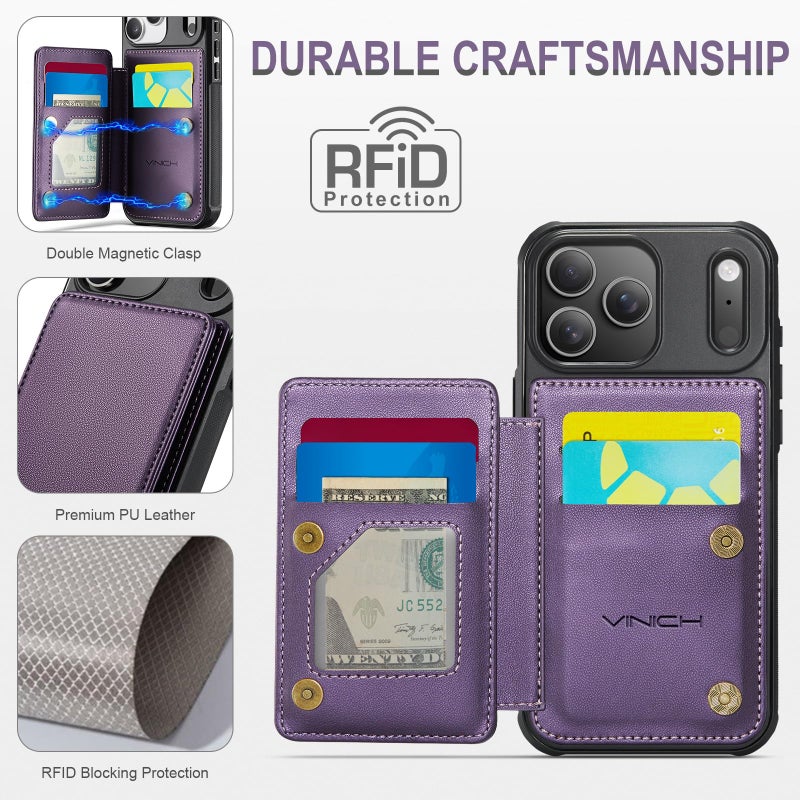Vinich for iPhone 17 Pro Wallet Case with Card Holder, RFID Blocking Credit Slots Kickstand Shockproof Phone Cover Fit for iPhone 17 Pro 6.3" Purple - Image 5