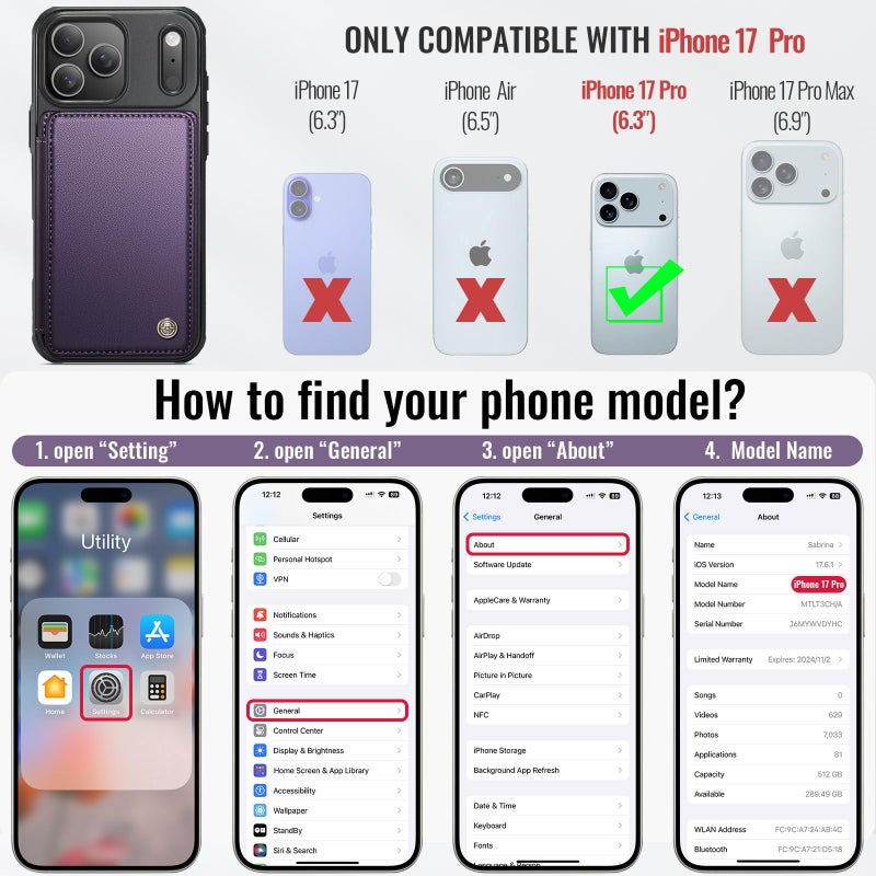 Vinich for iPhone 17 Pro Wallet Case with Card Holder, RFID Blocking Credit Slots Kickstand Shockproof Phone Cover Fit for iPhone 17 Pro 6.3" Purple - Image 4