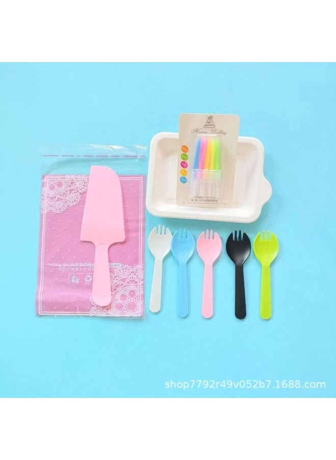 Generic Cake Shop Tableware Birthday Cake Paper Plate Spoon Fork Birthday Daily Supplies Disposable Suit Environmental Protection-Color:Colorful-Specifications:5 Plates, 5 Prongs + Machete  - Image 1