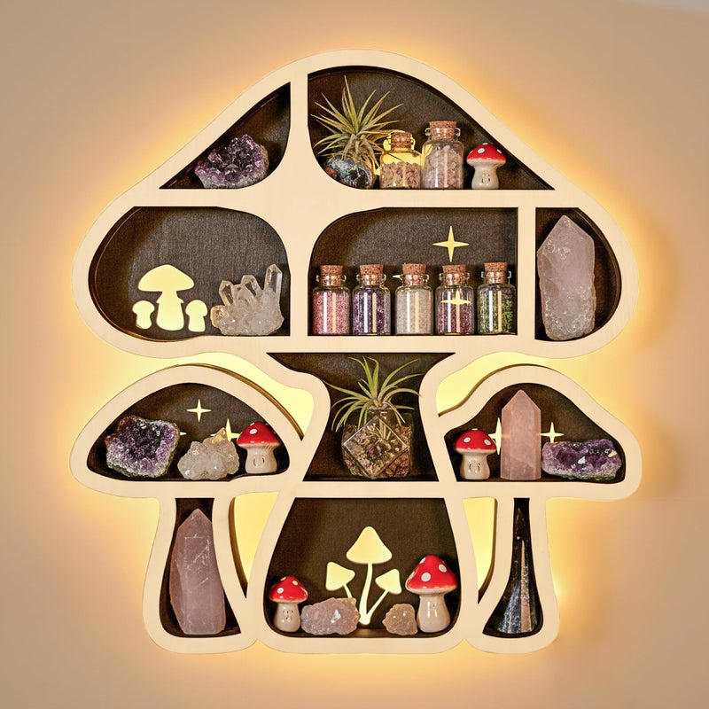 FNYDOX LED Mushroom Decor Cute Mushroom Floating Shelves, Crystal Shelf Display for Wall, Rock Gem Stone Storage Organizer, Trinkets Holder, Knick Knack Shelf, Mushroom Item, Unique Gift for Mushroom Lovers - Image 1