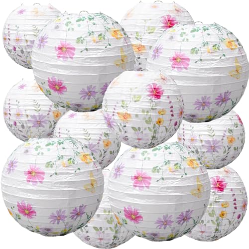Baquler 12 Pcs Wildflower Paper Lanterns Party Decorations Pink Purple Floral Hanging Lanterns 3 Styles for Baby in Bloom Baby Shower Wedding Garden Tea Summer Home Indoor Outdoor Party Decor - Image 1