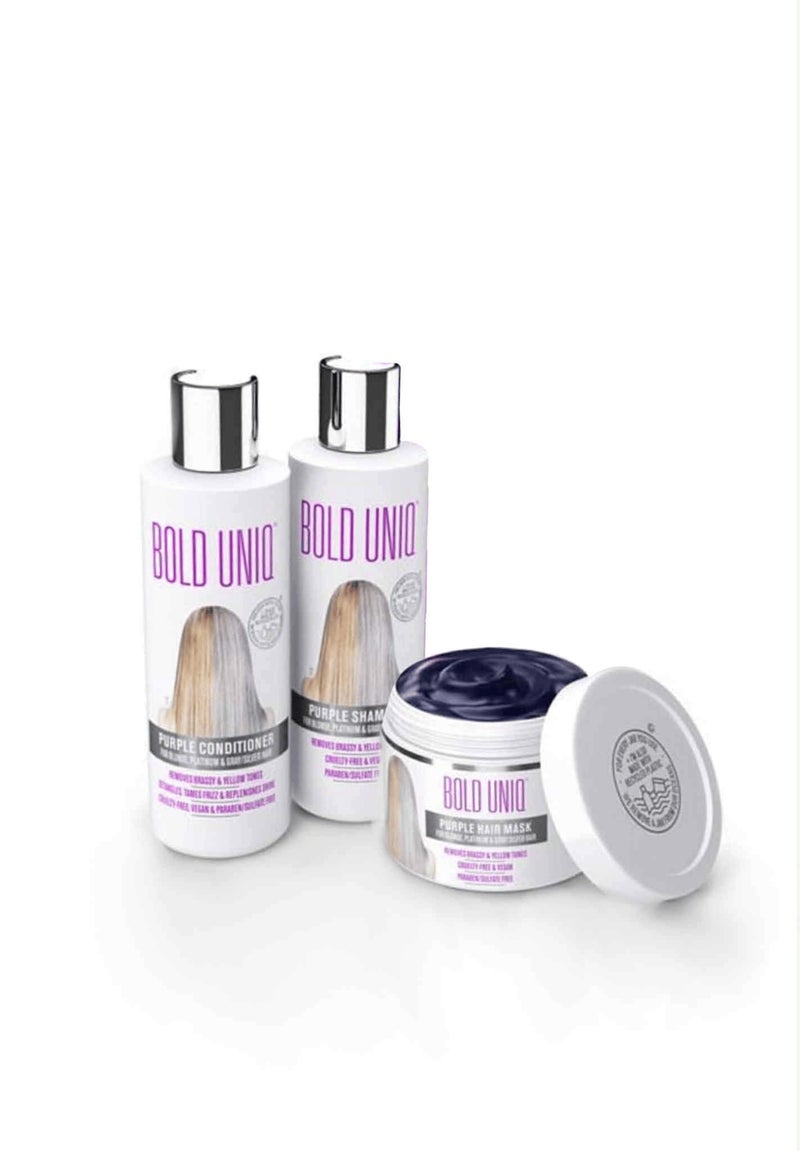 BOLD UNIQ Purple Shampoo, Conditioner & Mask Trio Gift Set. Removes Brassy Yellow Tones. Lightens Blonde, Platinum, Ash, Silver & Grays. Paraben & Sulfate Free. PETA Approved Cruelty-free and 100% Vegan. - Image 1