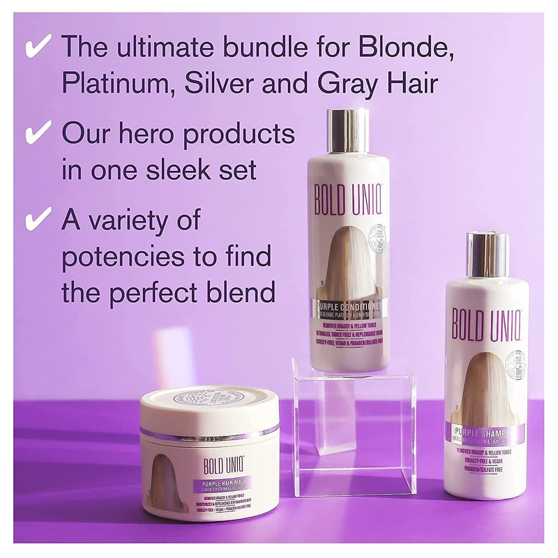 BOLD UNIQ Purple Shampoo, Conditioner & Mask Trio Gift Set. Removes Brassy Yellow Tones. Lightens Blonde, Platinum, Ash, Silver & Grays. Paraben & Sulfate Free. PETA Approved Cruelty-free and 100% Vegan. - Image 4