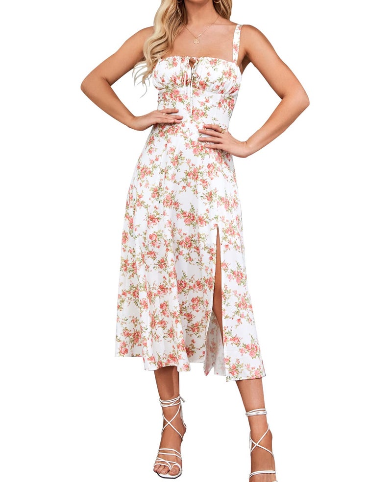 GLNEGE Floral Midi Corset Dress Wedding Guest Flowy Slit Lace Up Dresses for Women Tea Party A Line Casual Sundress Rose - Image 1