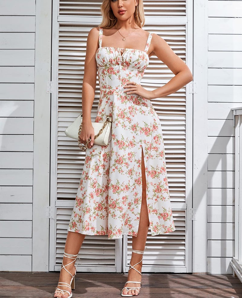GLNEGE Floral Midi Corset Dress Wedding Guest Flowy Slit Lace Up Dresses for Women Tea Party A Line Casual Sundress Rose - Image 2