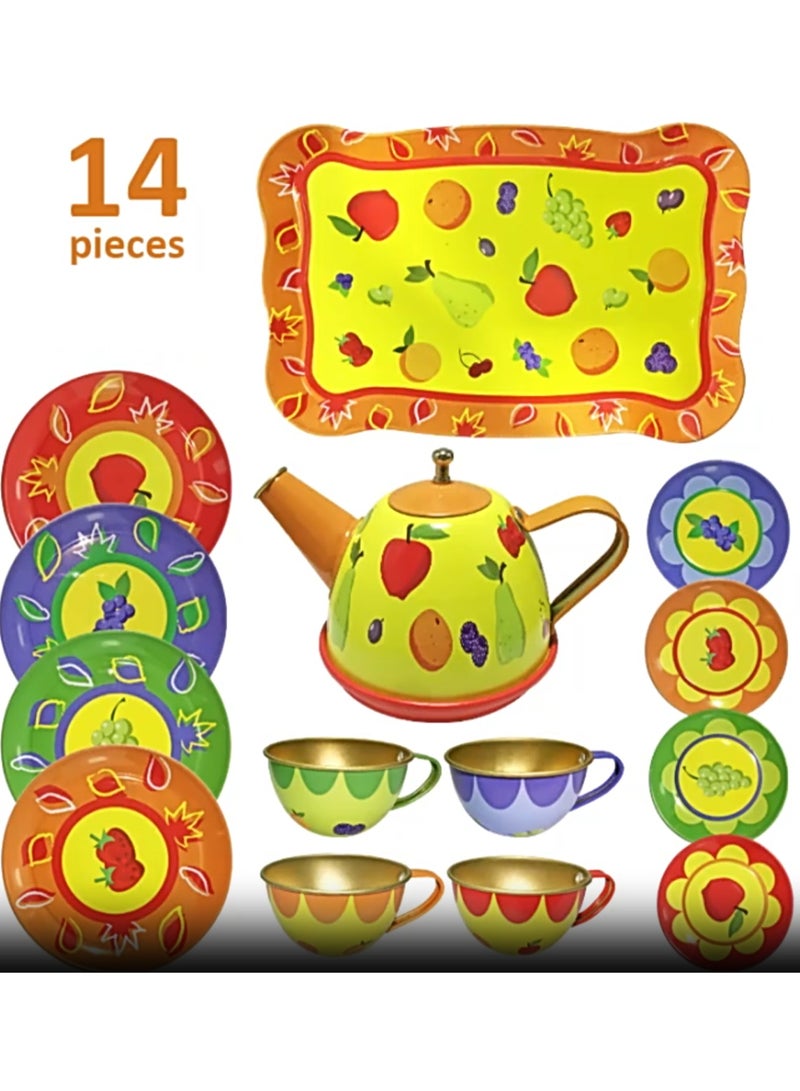 14-Piece Summer Fruit Collection, Tea Set For Little Girls, Safe And Durable Children'S Toys, Kids Gifts, Teapot Tableware Kitchen Role Play Tin Tea Party - Image 1