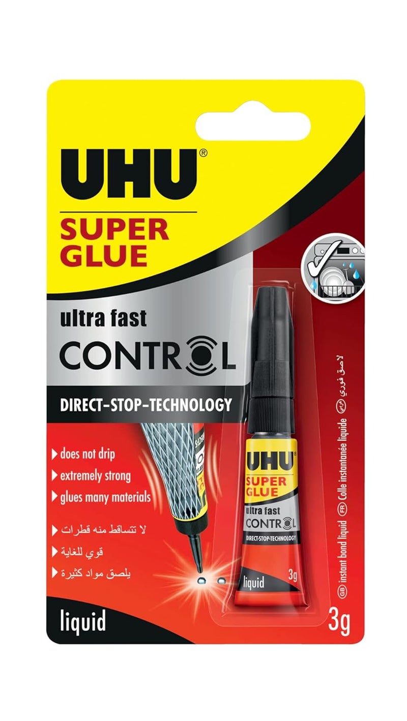 UHU Super Glue Control, Extra Fast And Strong Liquid, Clean And Precise Application,No Spill Mechanism Tube, 3G, Transparent - Image 1