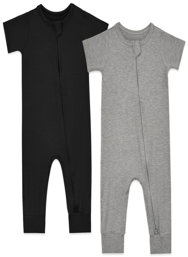Aablexema Baby Romper Bamboo Rayon Short Sleeve Footless Pajamas 2 Way Zipper Summer Sleeper Jumpsuit Outfits(Black & Grey,18-24m) - Image 1