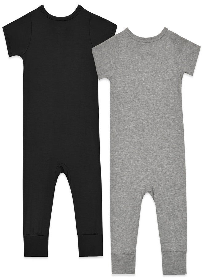 Aablexema Baby Romper Bamboo Rayon Short Sleeve Footless Pajamas 2 Way Zipper Summer Sleeper Jumpsuit Outfits(Black & Grey,18-24m) - Image 2