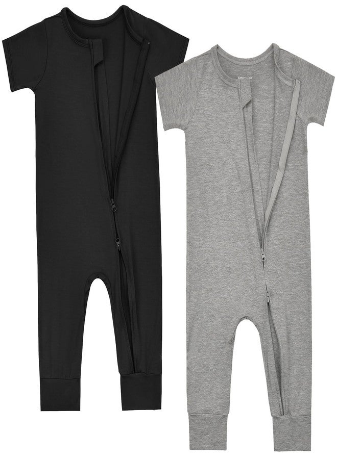 Aablexema Baby Romper Bamboo Rayon Short Sleeve Footless Pajamas 2 Way Zipper Summer Sleeper Jumpsuit Outfits(Black & Grey,18-24m) - Image 3