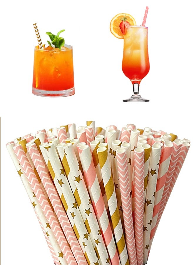 100PCS Disposable Biodegradable Paper Straws, Coloured Paper Straws, Suitable For Everyday Use, Party Supplies, Birthday Celebrations And Festive Occasions (Pink And Gold Mix) - Image 1