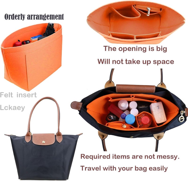 Lckaey Handbag organizer insert for Le Pliage Neo (large) handbags, high-quality felt organizer, Orange/Evening Red in zigzag pattern (Sunset Chevron), Large, Organize things on - Image 3