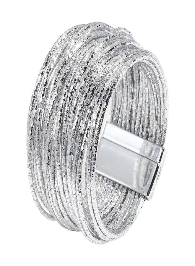 KunBead Silver Sparkly Leather Wrap Bracelets for Women Handmade Braided Boho Multilayer Bracelet Wristband Cuff Bangle - Image 1