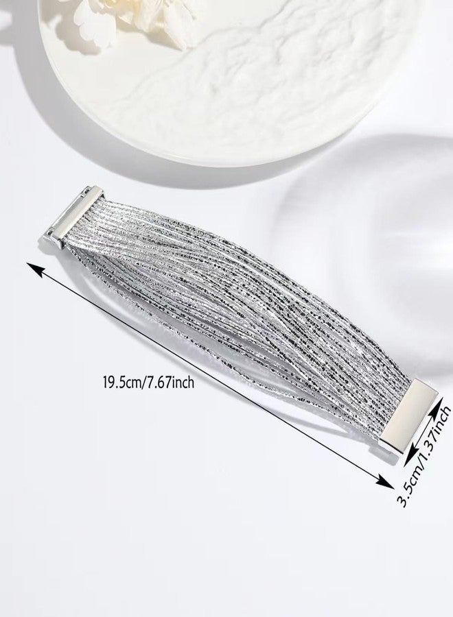 KunBead Silver Sparkly Leather Wrap Bracelets for Women Handmade Braided Boho Multilayer Bracelet Wristband Cuff Bangle - Image 3