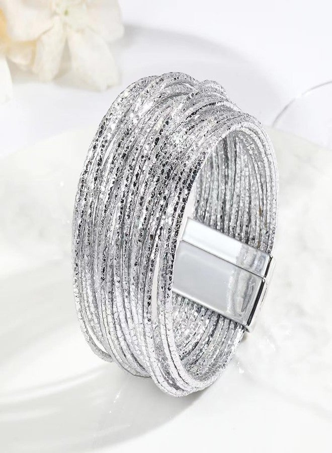 KunBead Silver Sparkly Leather Wrap Bracelets for Women Handmade Braided Boho Multilayer Bracelet Wristband Cuff Bangle - Image 2