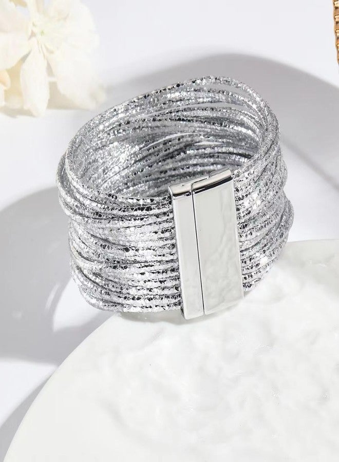 KunBead Silver Sparkly Leather Wrap Bracelets for Women Handmade Braided Boho Multilayer Bracelet Wristband Cuff Bangle - Image 4