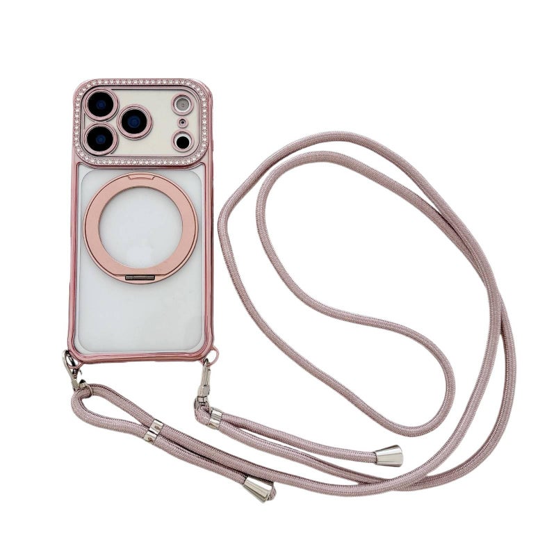Acrylic MagSafe Case for iPhone 14 / 14 Plus / 14 Pro / 14 Pro Max with Strong Magnetic and Rotating Kickstand plus Lanyard plus Rhinestone in Purple - Image 5