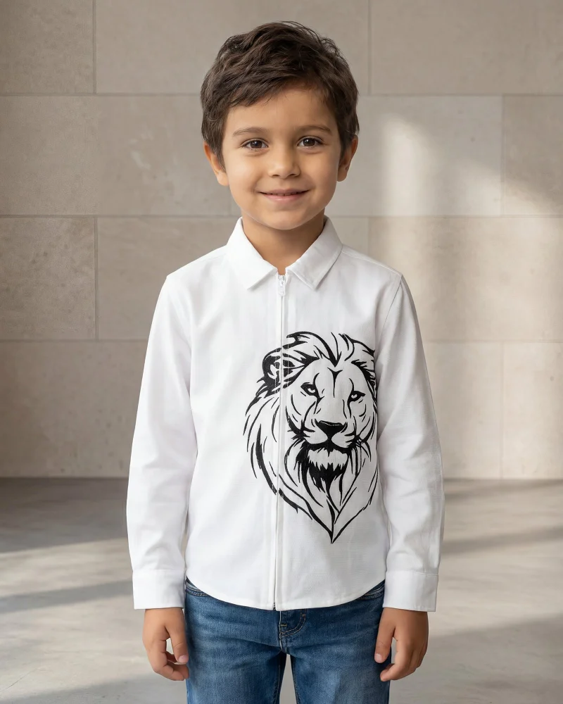 ردتاغ Boys White Lion Printed Zip Thru Long Sleeve Shirt