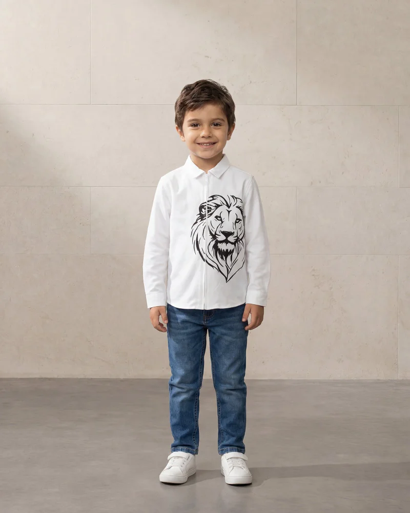 ردتاغ Boys White Lion Printed Zip Thru Long Sleeve Shirt