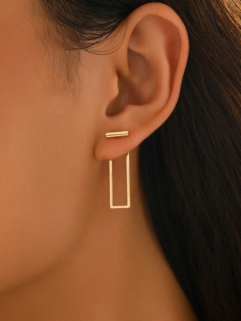 Shein 1 Pair Middle Eastern Metal Style Fashion Front & Back Earrings For Women, Minimalist Geometric Shape Elongated Rectangle Design, Suitable For Daily Wear, Party, Vacation, Holiday Gift For Girlfriend/Best Friend - Image 2