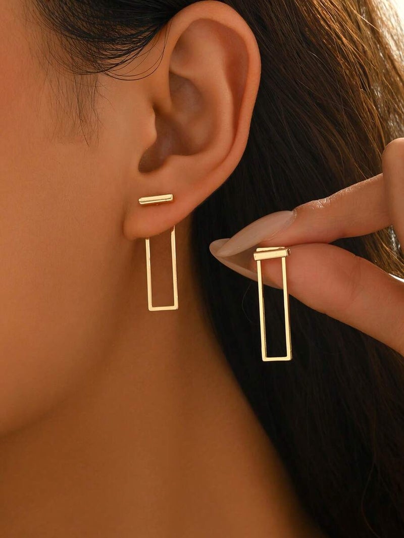 Shein 1 Pair Middle Eastern Metal Style Fashion Front & Back Earrings For Women, Minimalist Geometric Shape Elongated Rectangle Design, Suitable For Daily Wear, Party, Vacation, Holiday Gift For Girlfriend/Best Friend - Image 5