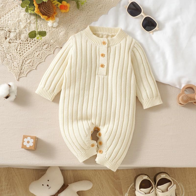 Neiwech Newborn Boy Girl Outfits Baby Knit Romper Cozy Soft Long Sleeve Striped Solid Clothes Gift for Infant White 0-3 Months - Image 2