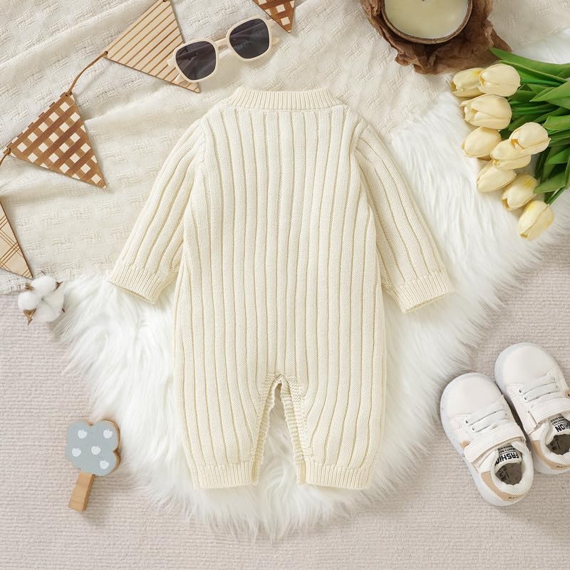 Neiwech Newborn Boy Girl Outfits Baby Knit Romper Cozy Soft Long Sleeve Striped Solid Clothes Gift for Infant White 0-3 Months - Image 3